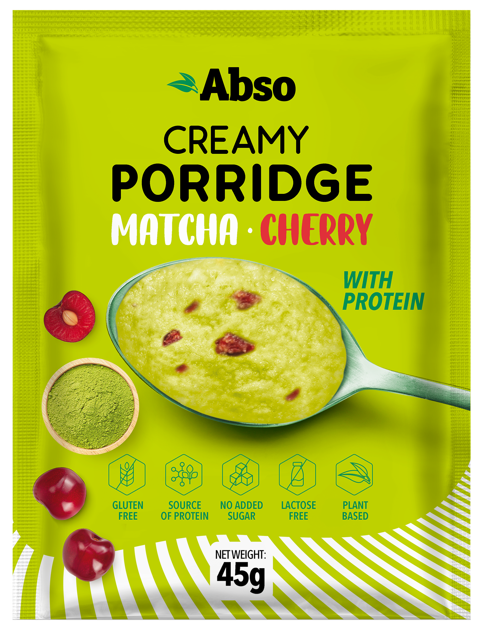 Absorice krémová ryžová kaša s matcha práškom a lyofilizovanými čerešňovými kockami 45 g
