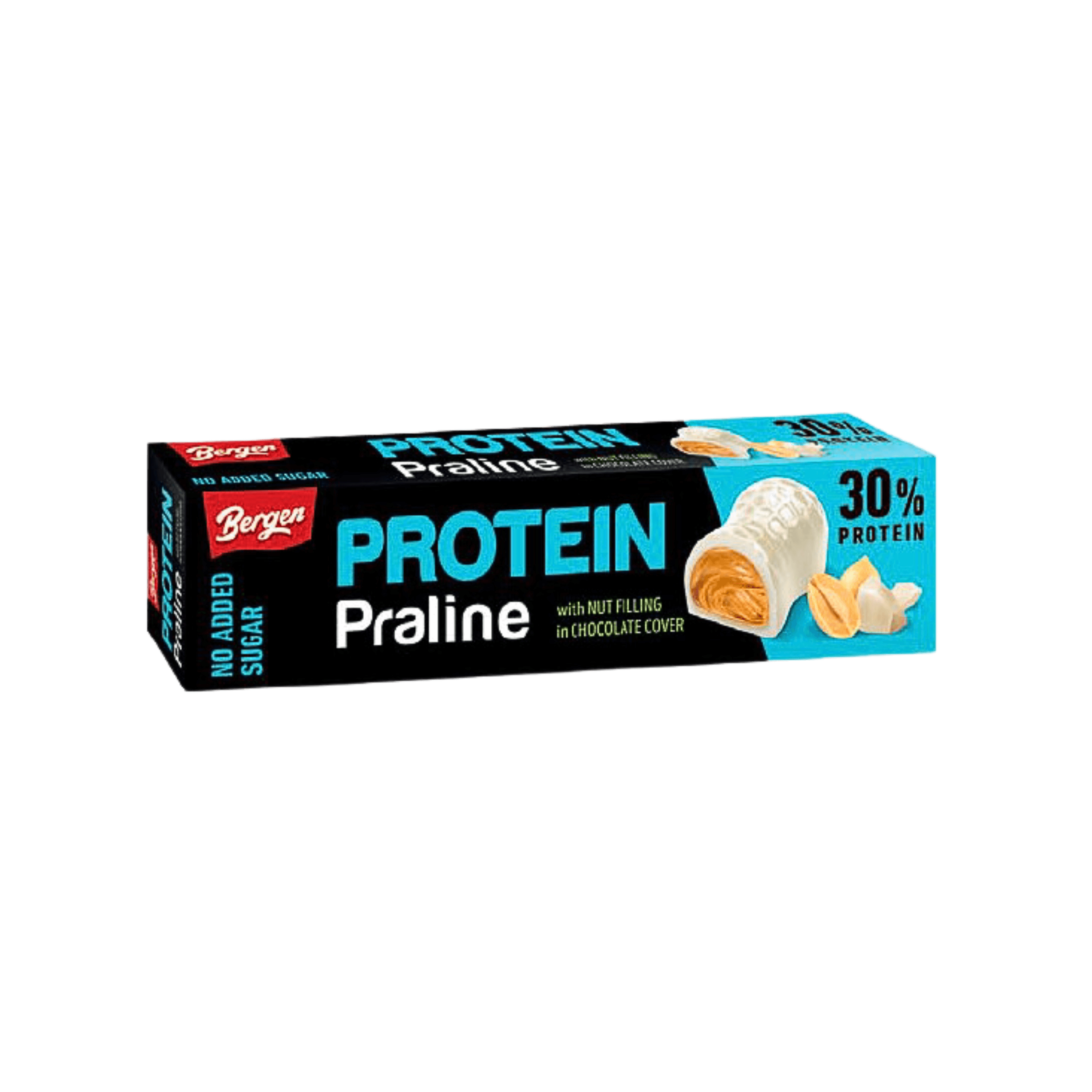 Bergen proteíny, pralinová biela čokoláda plnená arašidami bez pridaného cukru, so sladidlom 50 g