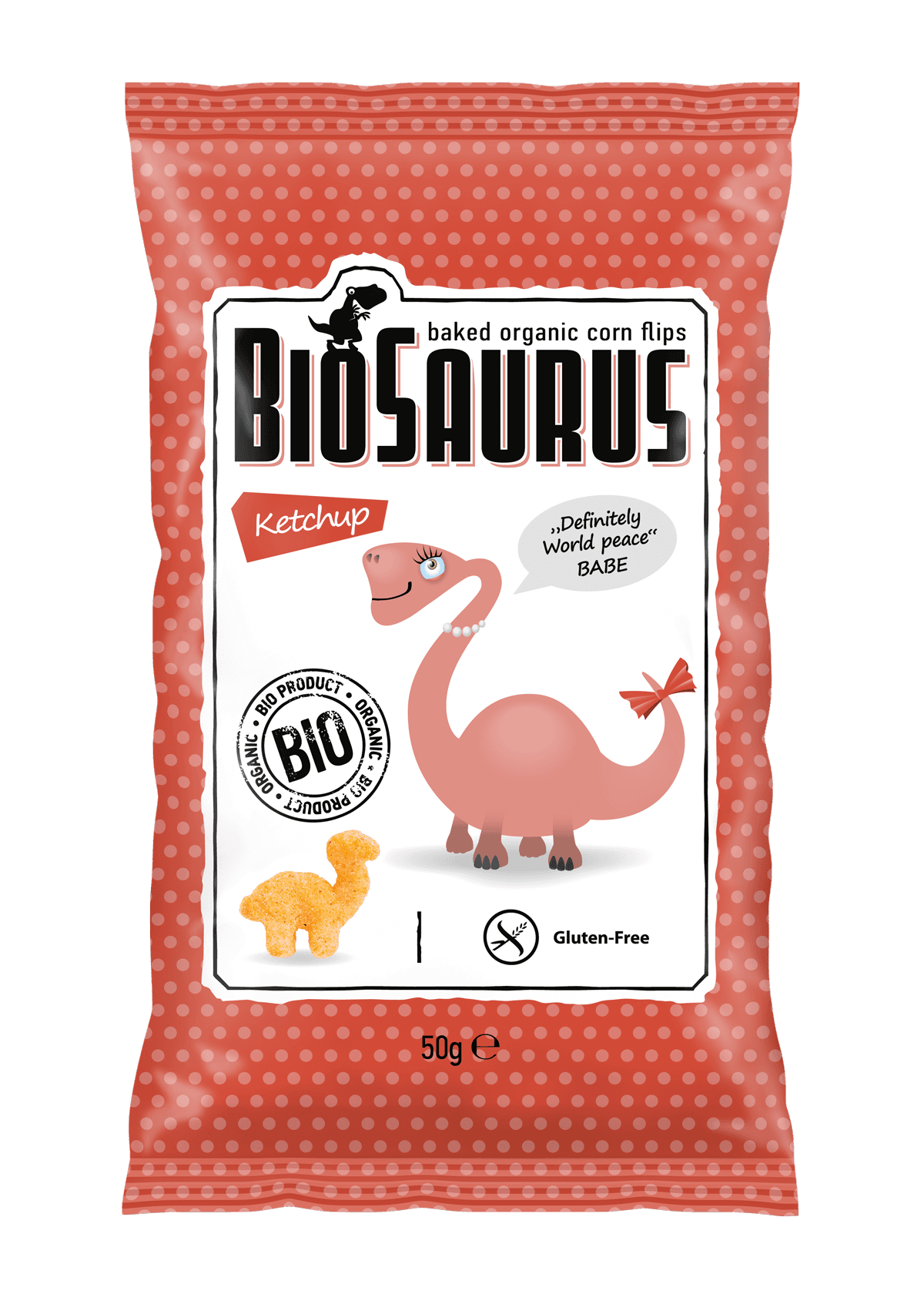 BioSaurus kukuričné chrumky s kečupovou príchuťou 50 g