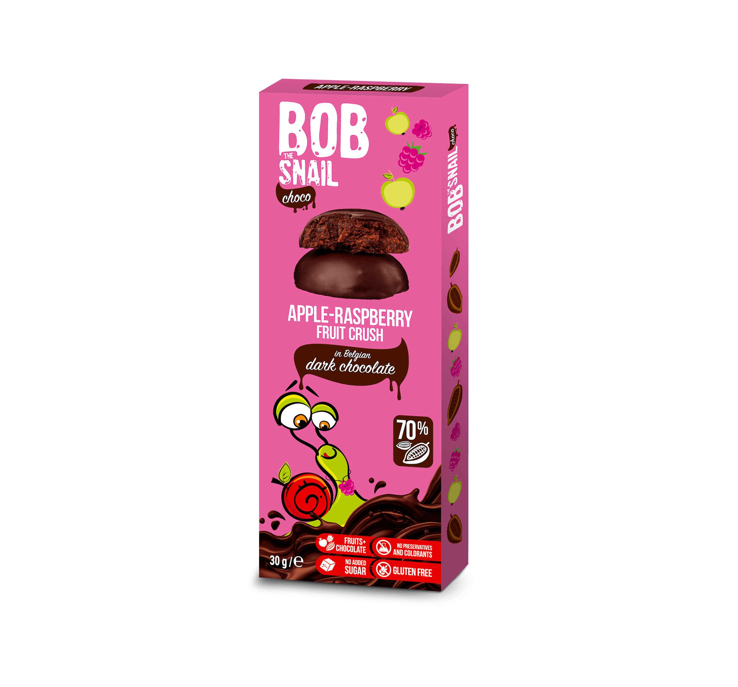 Bob Snail Ovocná pochúťka s jablkom a malinou v tmavej čokoláde 30 g