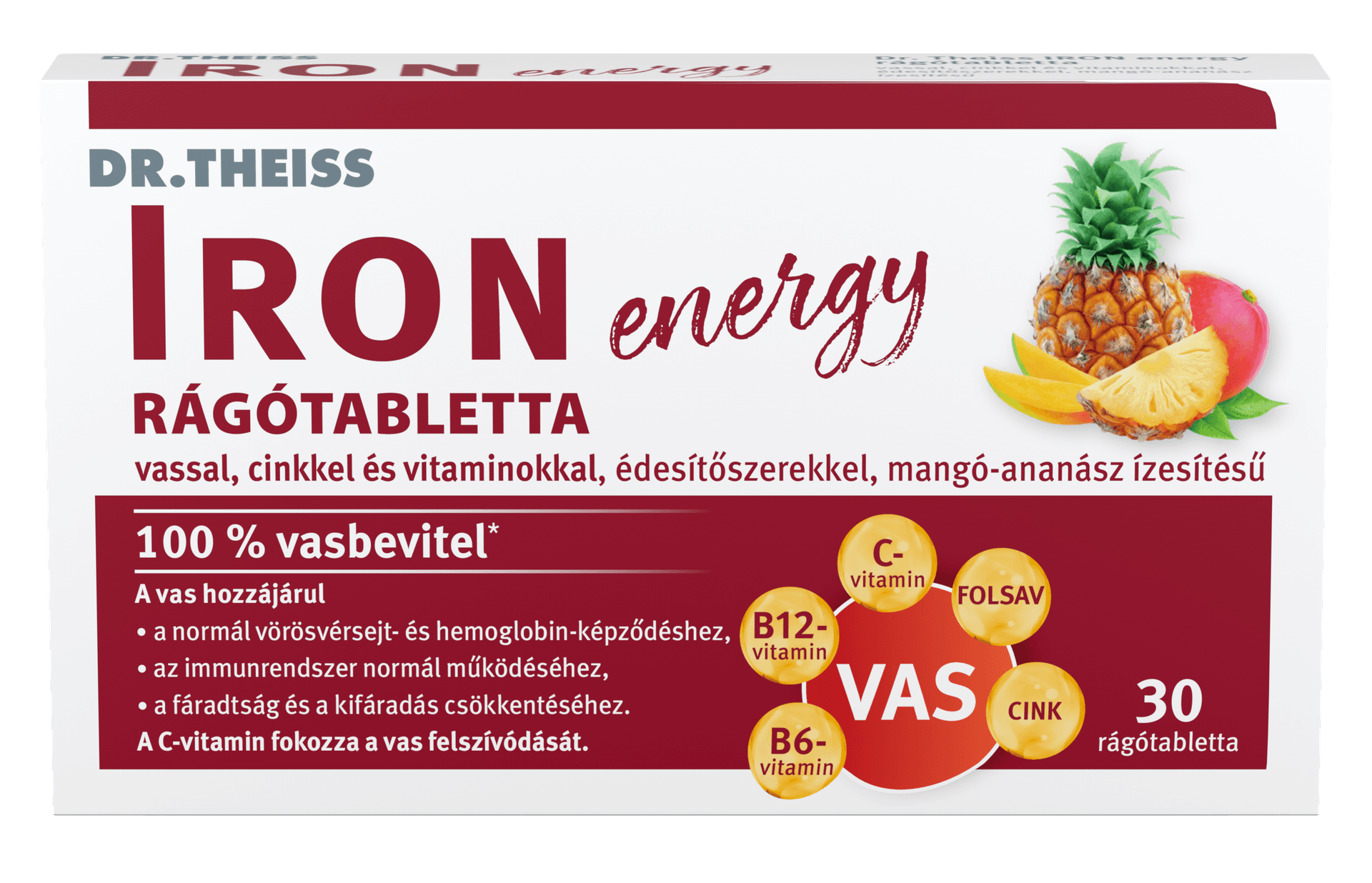 Dr. Theiss Iron Energy Žuvacie tablety s príchuťou mango-ananásu 30 ks - 96720