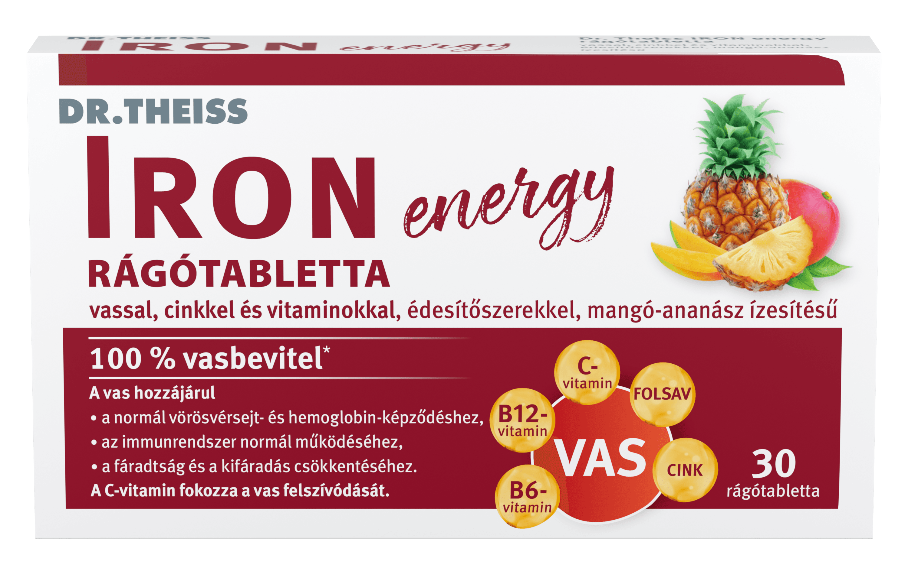 Dr. Theiss Iron Energy Žuvacie tablety s príchuťou mango-ananásu 30 ks - 96720