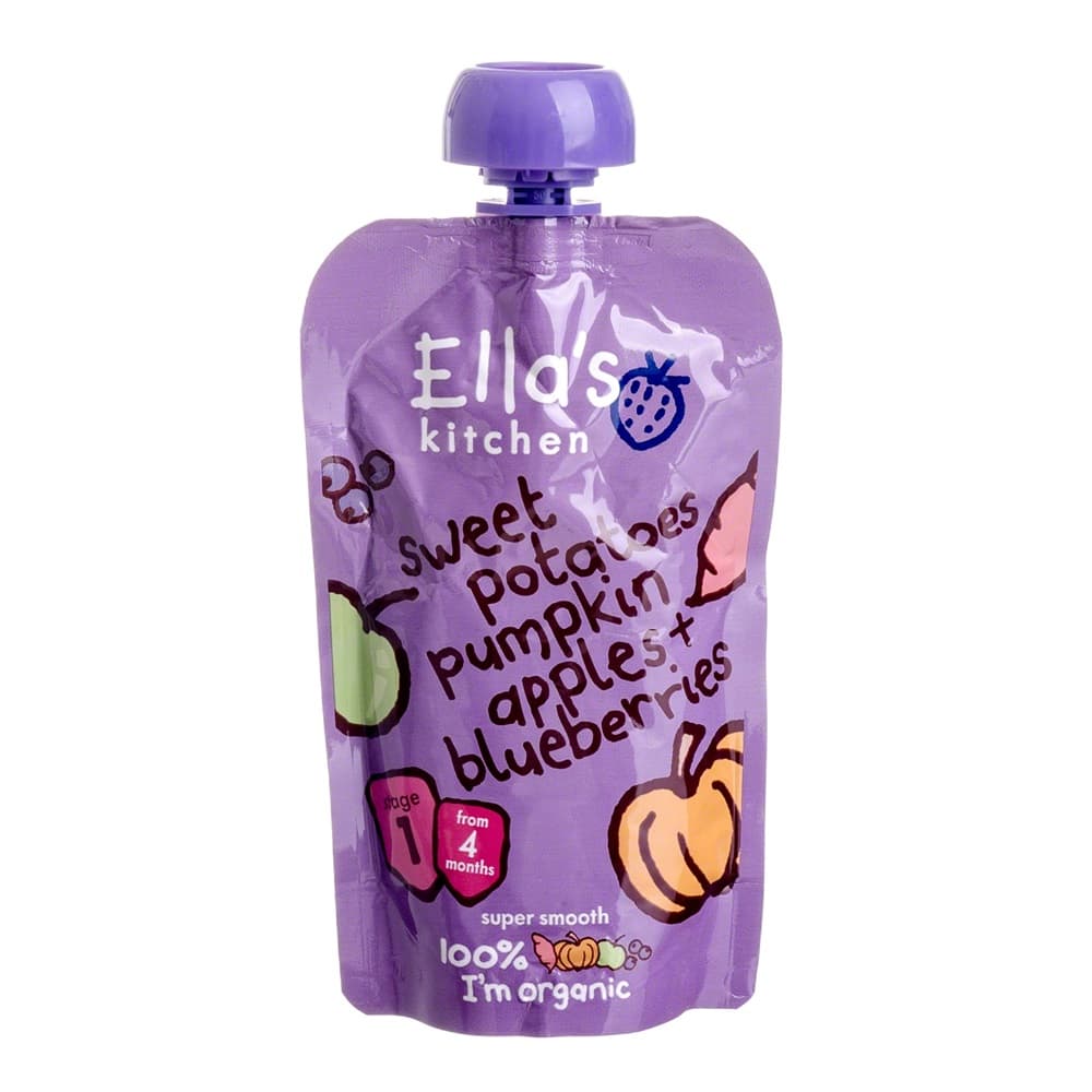 Ella's Kitchen Organické pyré pre bábätká: Sladké zemiaky, tekvica, jablká a čučoriedky 120 g