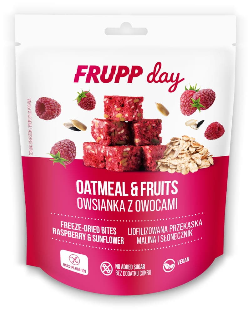 Frupp Day bezlepkové ovsené kocky s lyofilizovanými malinami a slnečnicovými semienkami 25 g