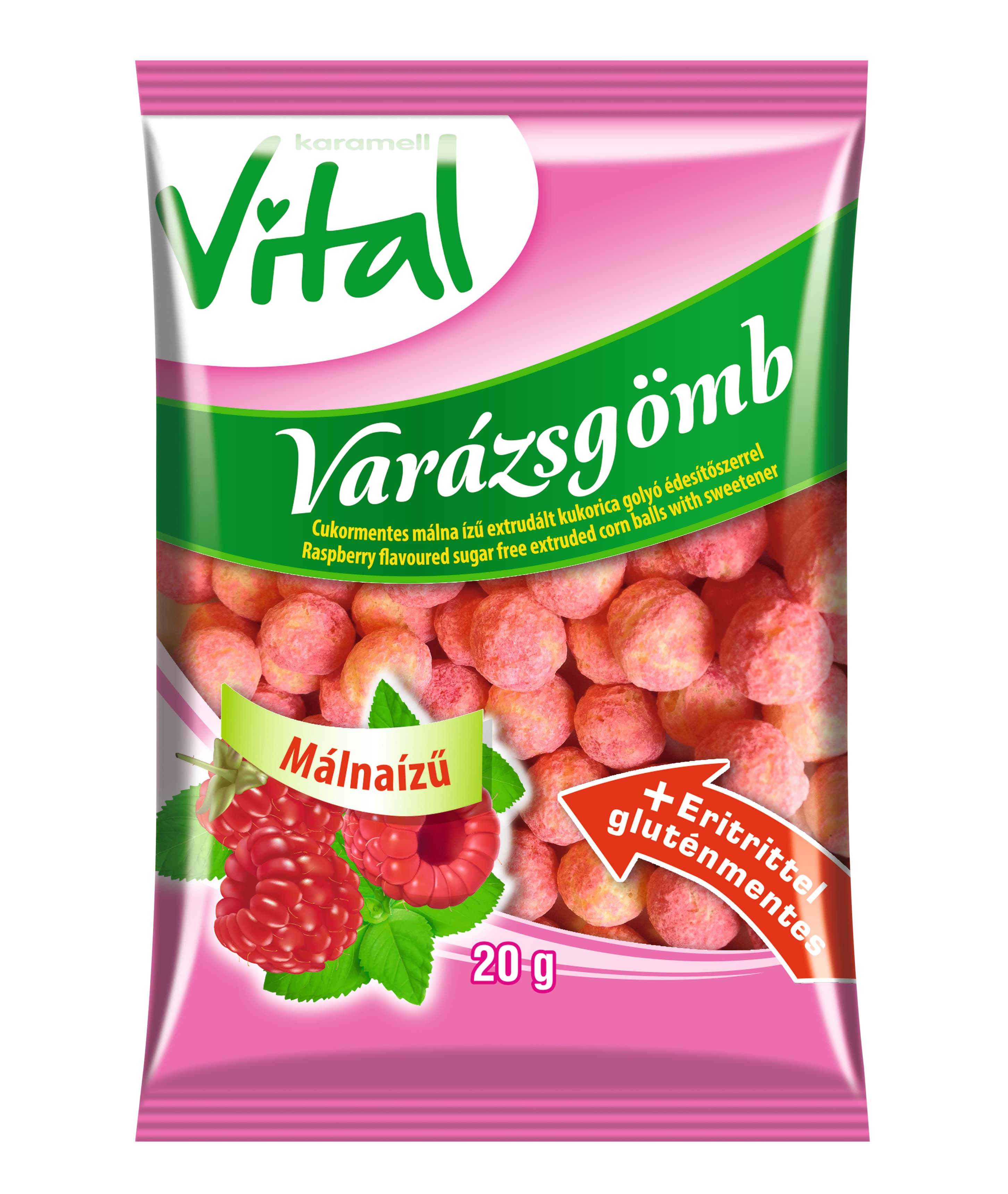 K. Vital čarovná guľa bez cukru, extrudované kukuričné gule s príchuťou maliny 20 g
