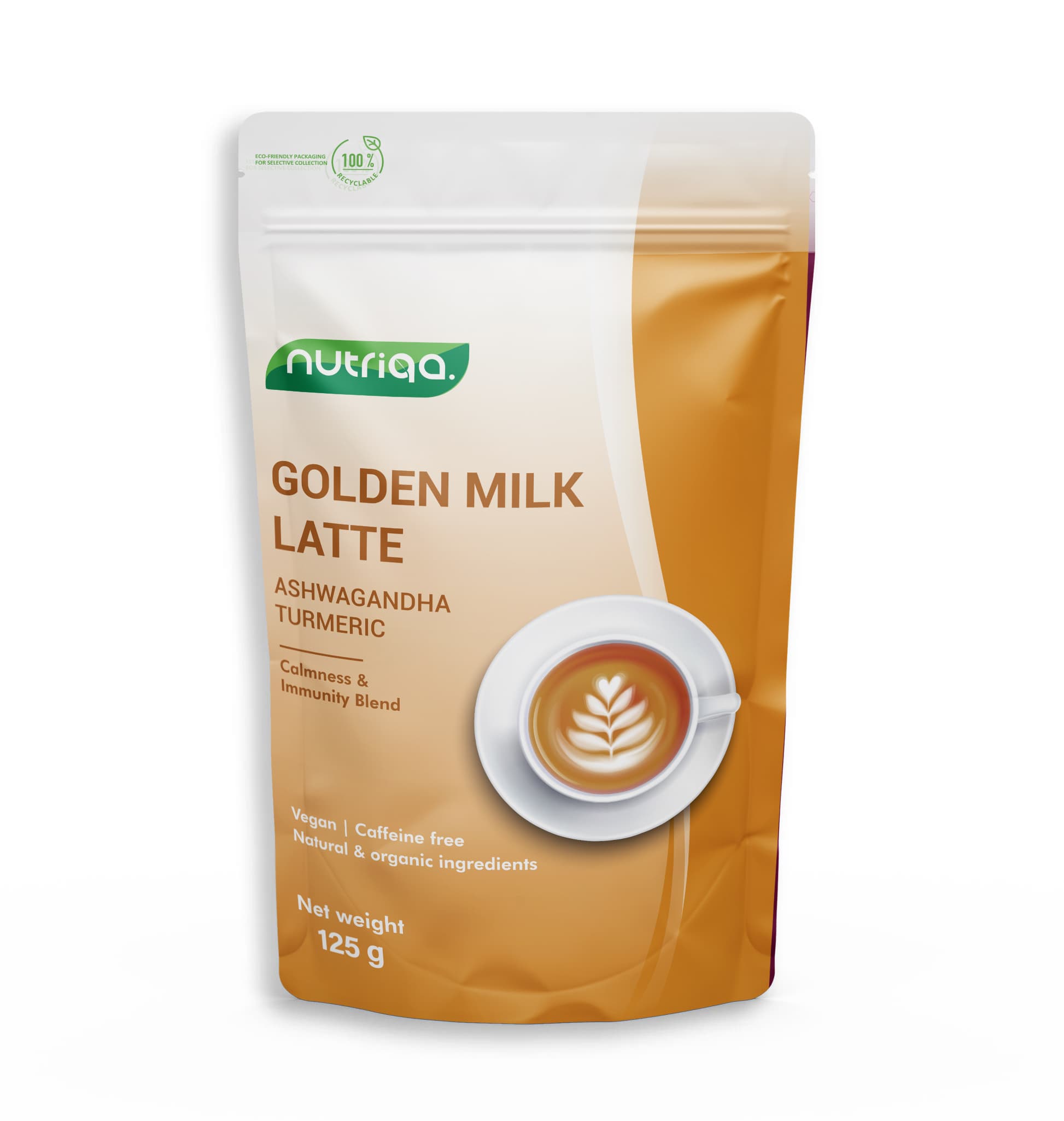 Nutriqa bio kofeínový vegánsky ashwaganda-kurkumový latte 125 g