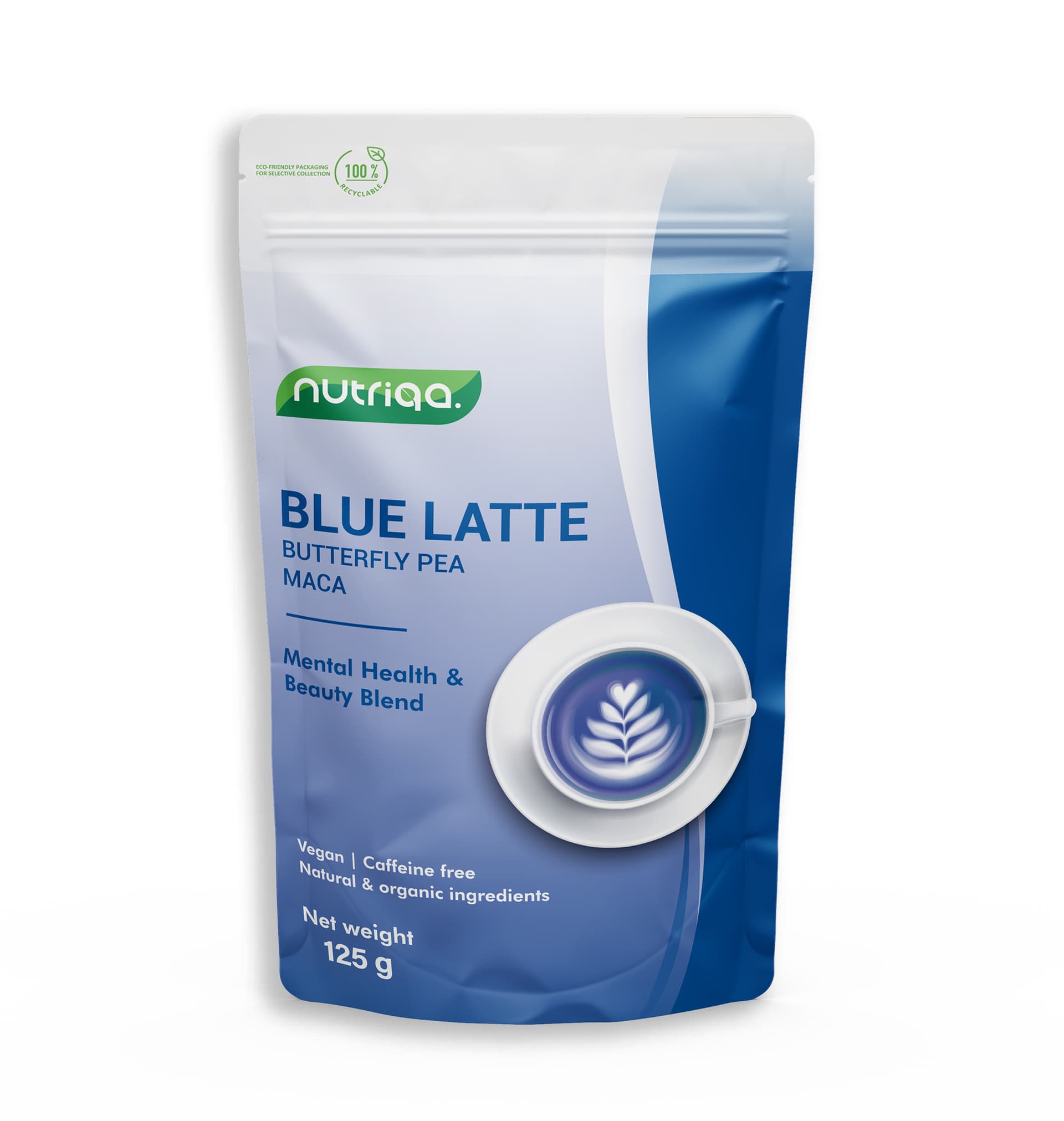 Nutriqa bio bezkofeínový vegánsky latte z motýlikovitého hrachu a maky 125 g