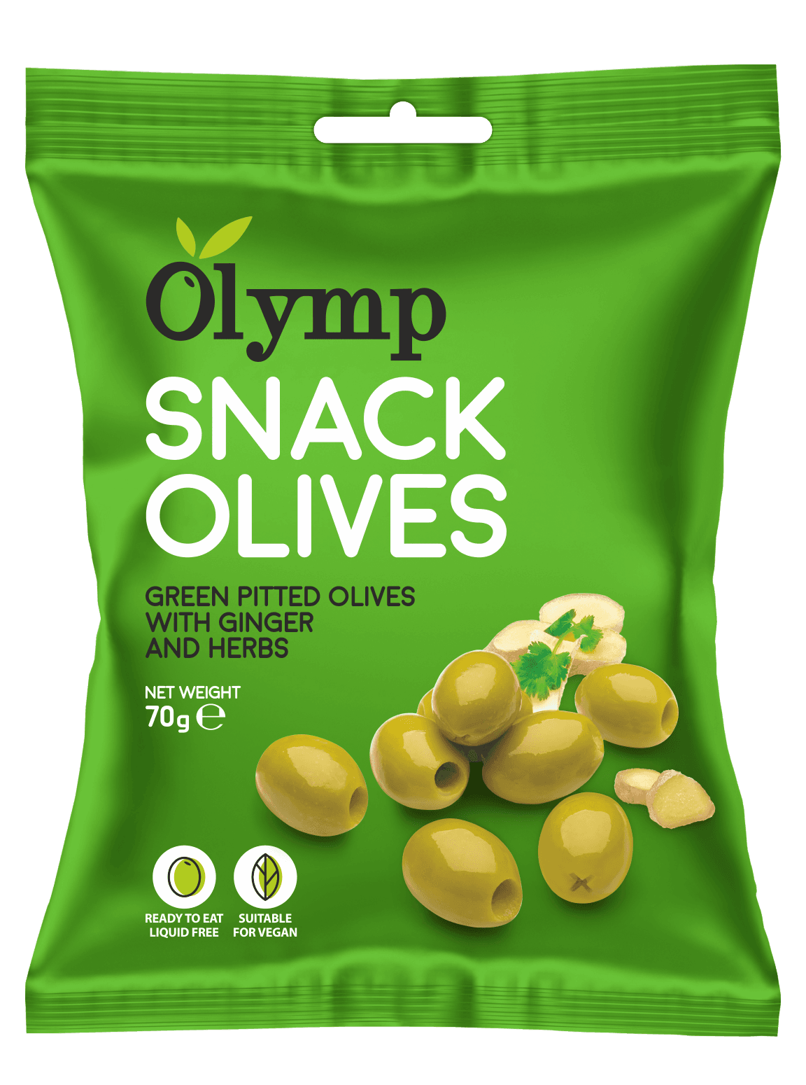 Olymp snack korenené zelené olivy bez kôstky
