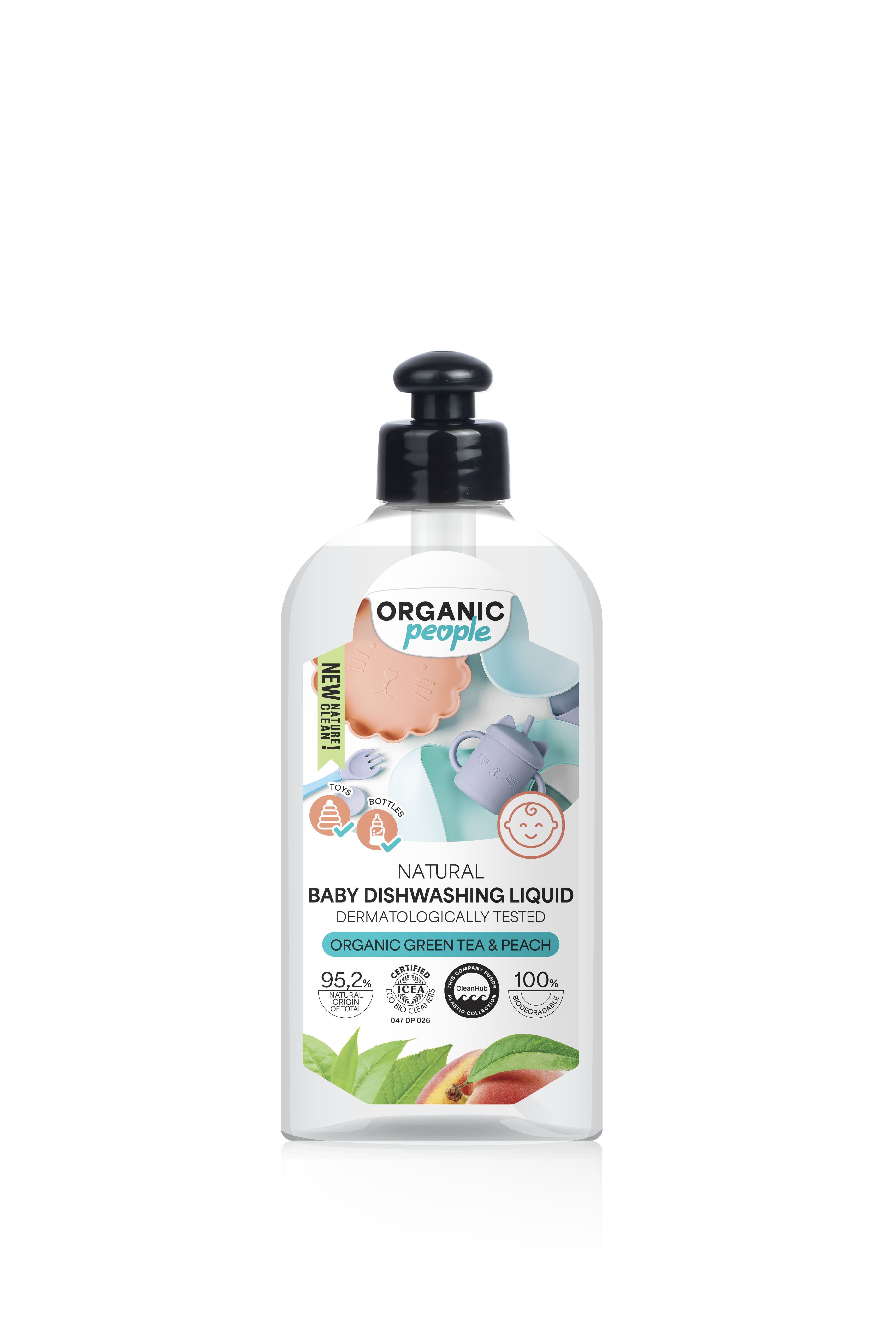 Organic People umývací prostriedok na detské jedlá s bio zeleným čajom a broskyňou 350 ml