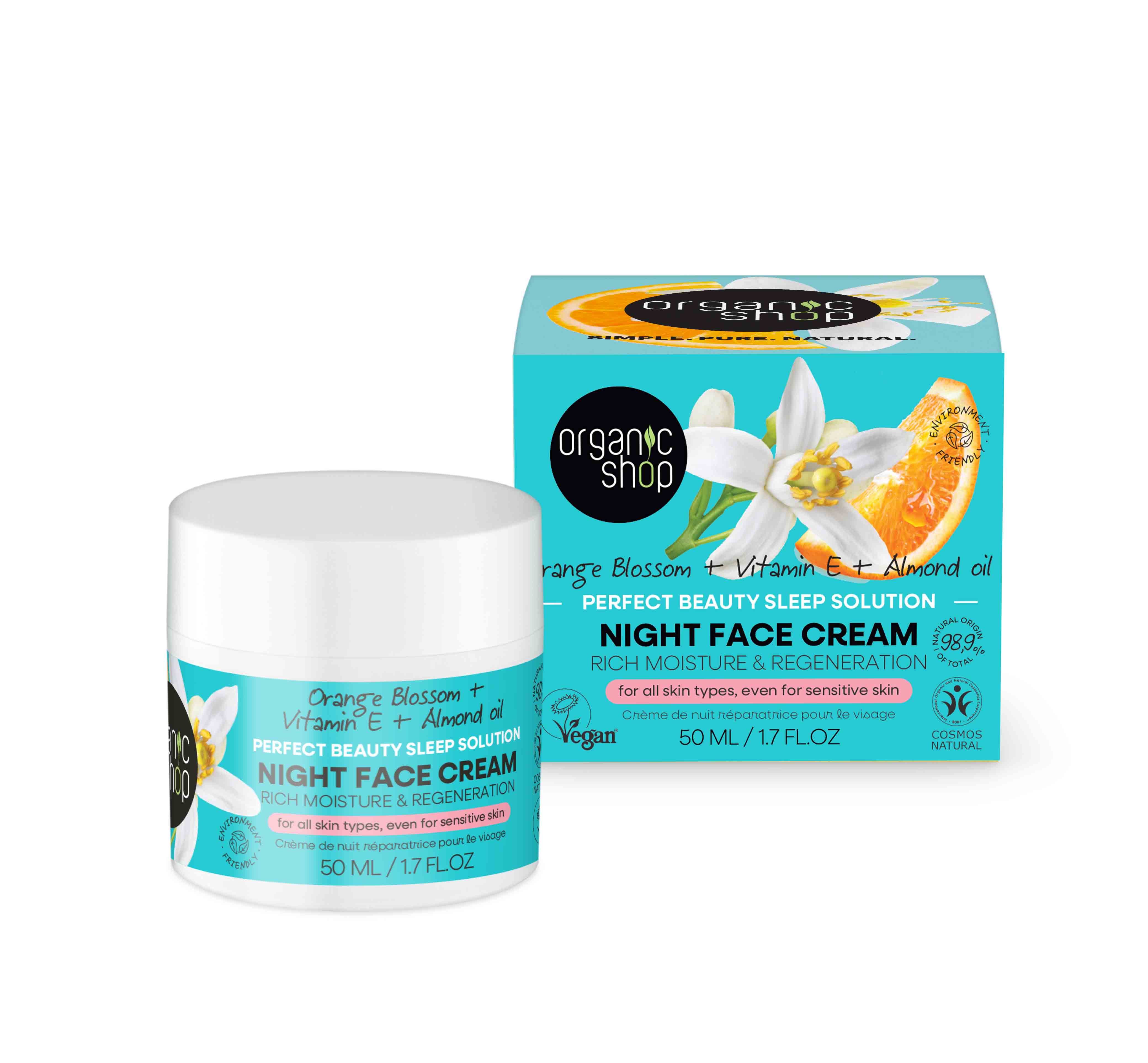 Organic Shop nočný krém na tvár s pomarančovým kvetom, vitamínom E a mandľovým olejom 50 ml