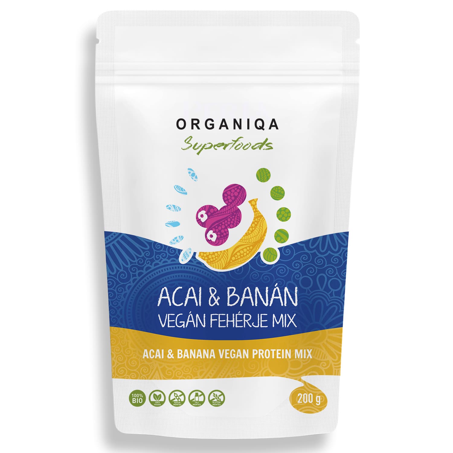 Organiqa 100% BIO vegán proteínový mix s príchuťou acai-banán 200 g