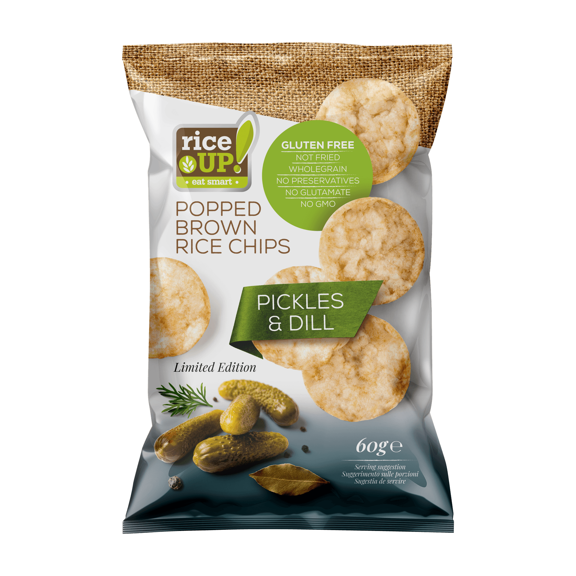 Rice Up hnedé ryžové chipsy s príchuťou uhorky a kôpru 60 g