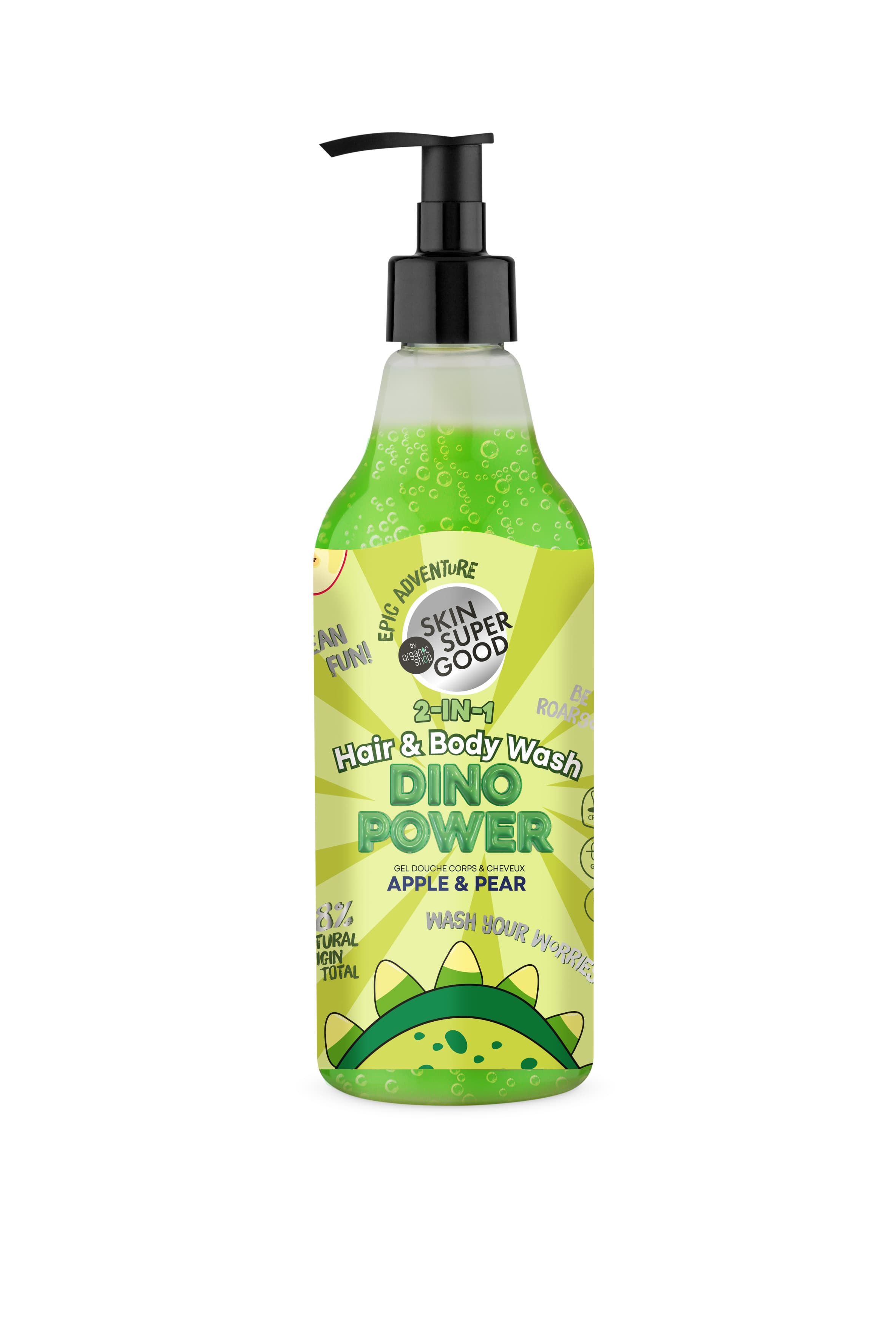 Skin super good 2 v 1 šampón a sprchový gél s jablkom a hruškou „dino power“ 500 ml