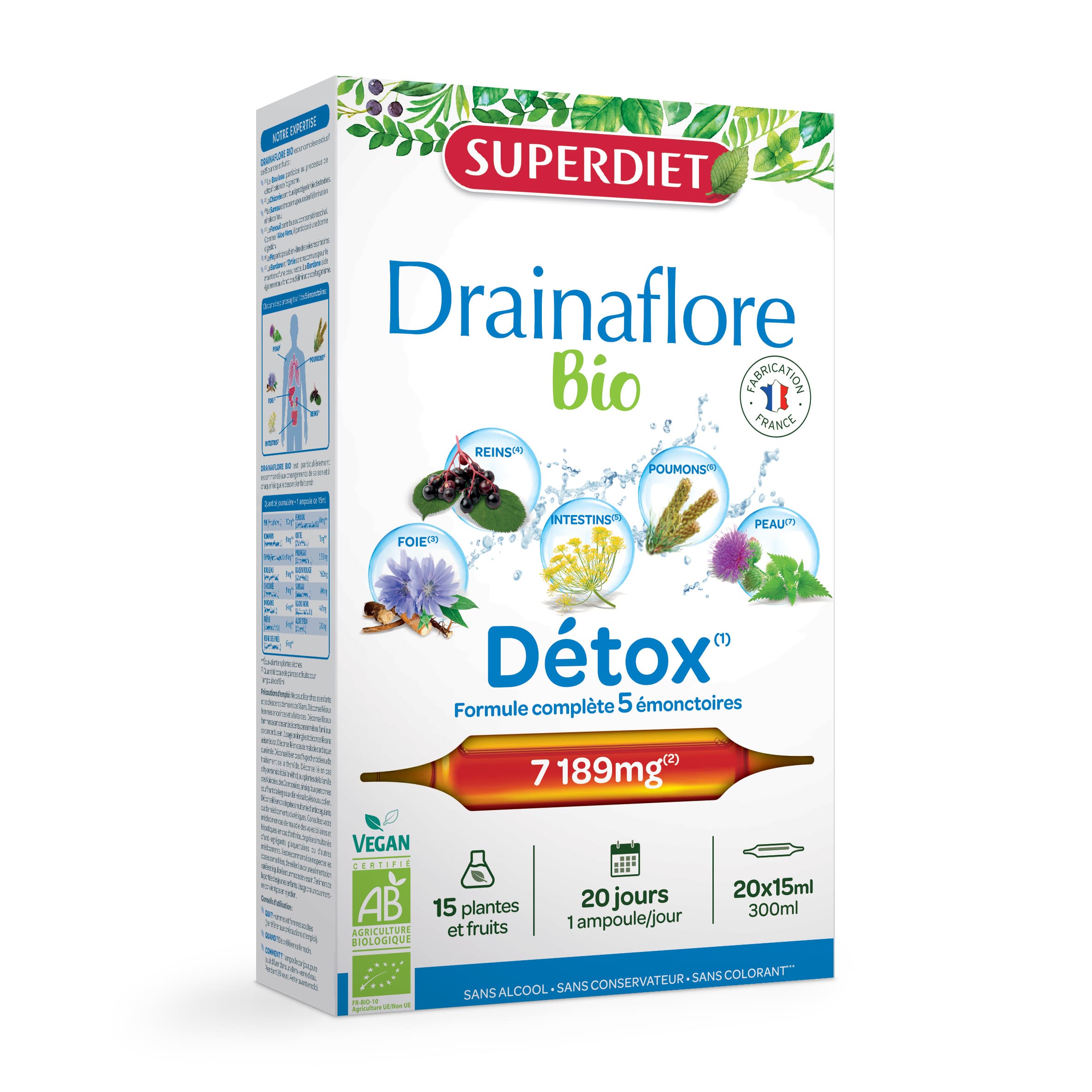 Superdiet drainaflore détox - komplexná podpora detoxikácie vegánske ampule 20x15ml 300 ml