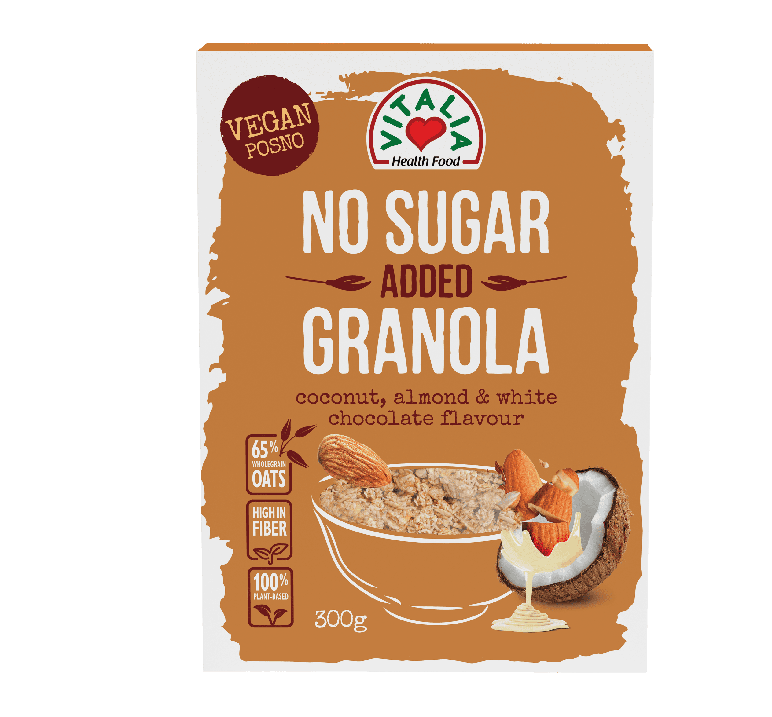 Vitalia granola bez pridaného cukru s bielou čokoládou, kokosom a mandľami 300 g