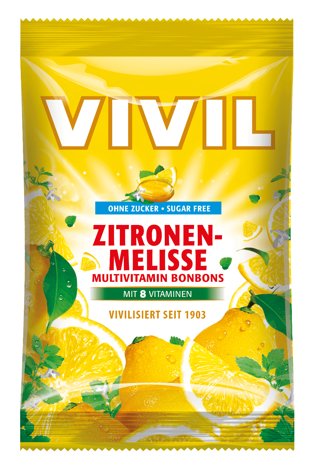 Vivil multivitamínové dropsy s citrónovo-medovkovou príchuťou a 8 vitamínmi bez cukru 60 g - 84874